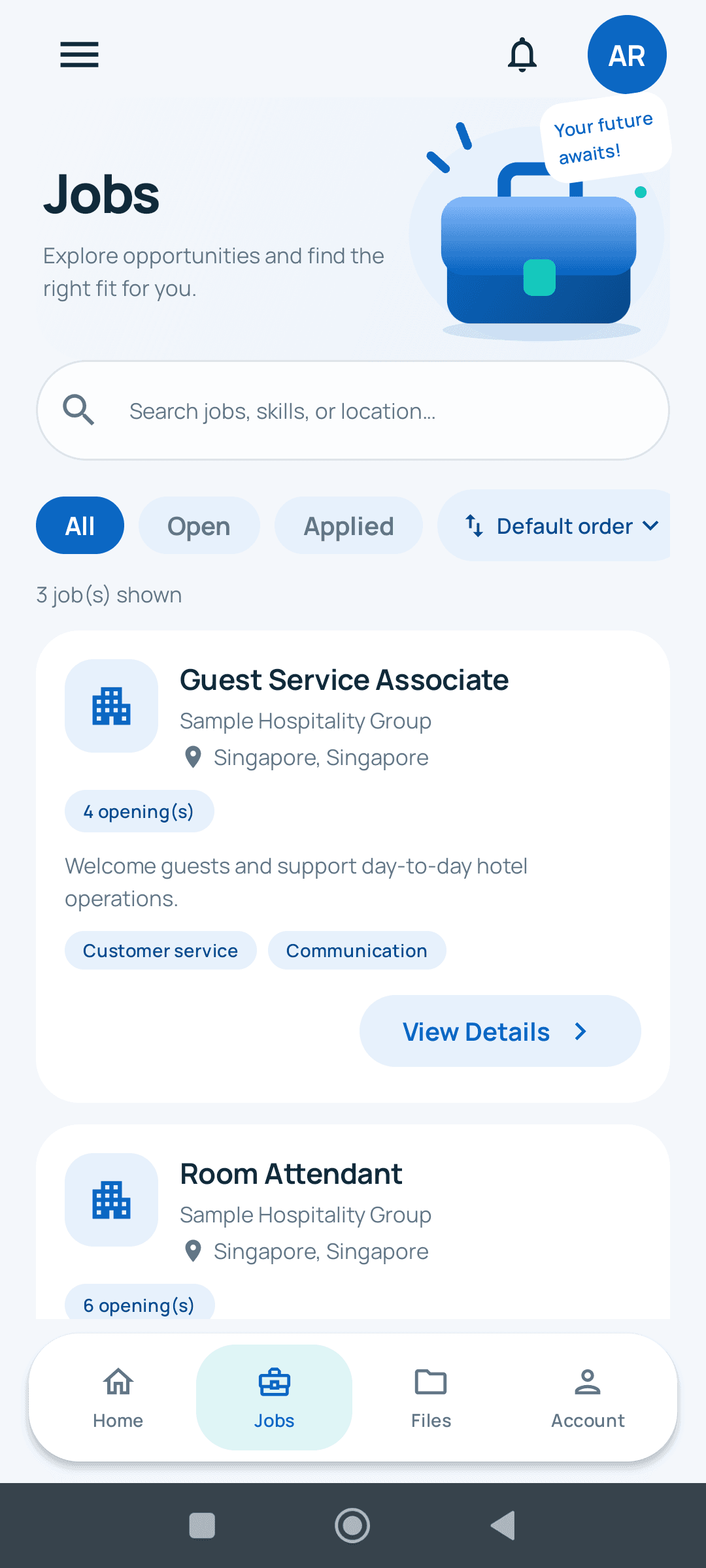 HRTEQ Android Jobs screen with sample job listings, search and filters